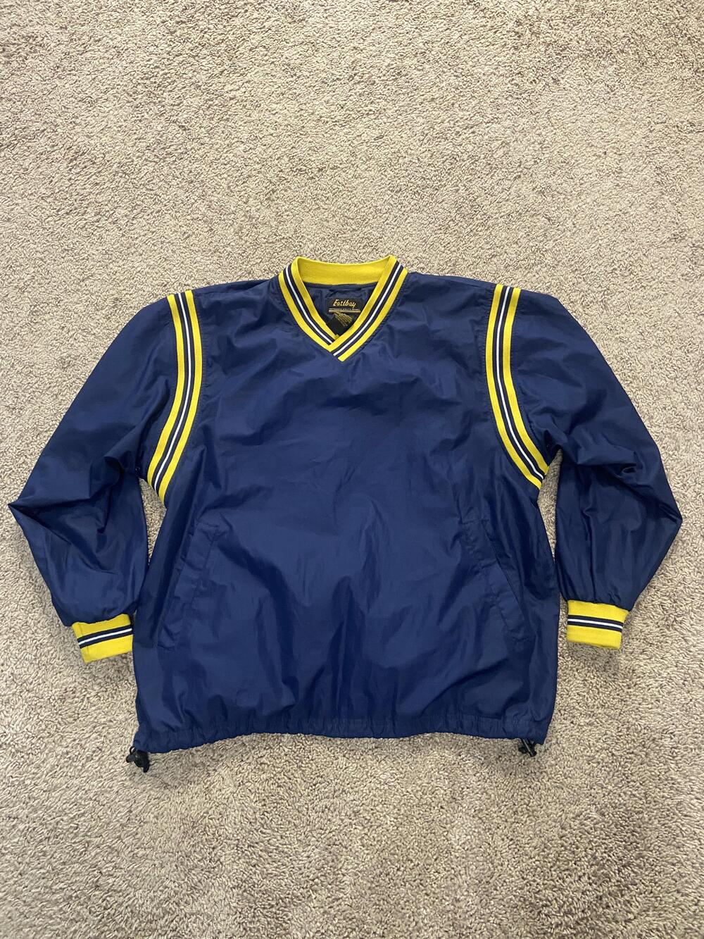 Eastbay Jacket Mens Small Blue V Neck Pullover Windbreaker Striped Adjustable